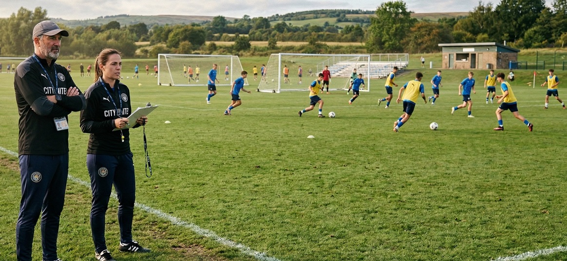 Two coaches watching a youth training session