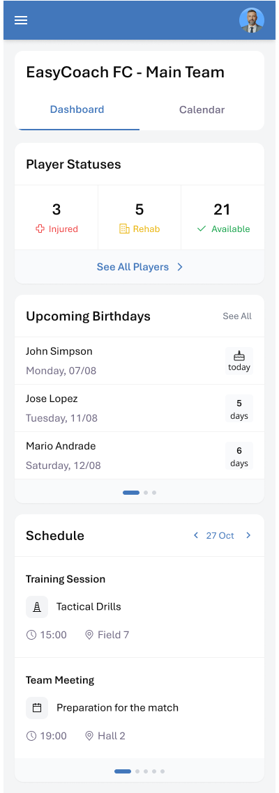 Panel del equipo en la app móvil del staff con jugadores lesionados, en rehabilitación y disponibles