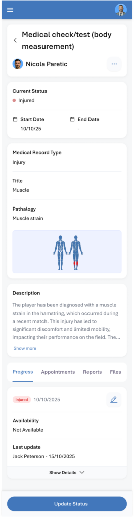 A player medical record in the Staff Mobile App
