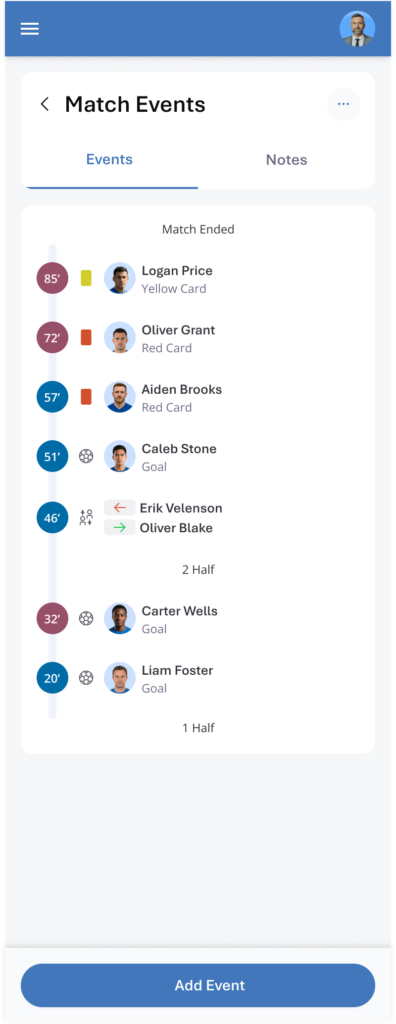 Match events in the Staff Mobile App