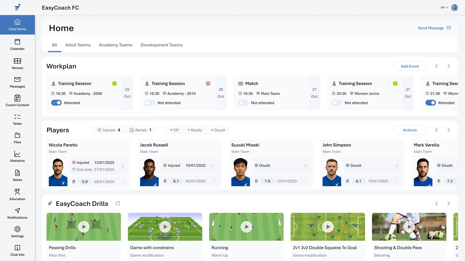 EasyCoach Club Home dashboard