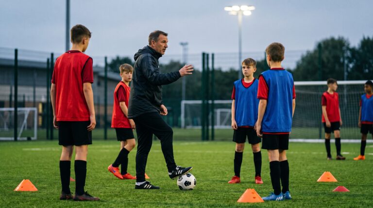 Ein Nachwuchstrainer erklärt jungen Spielern im Training eine Entscheidung