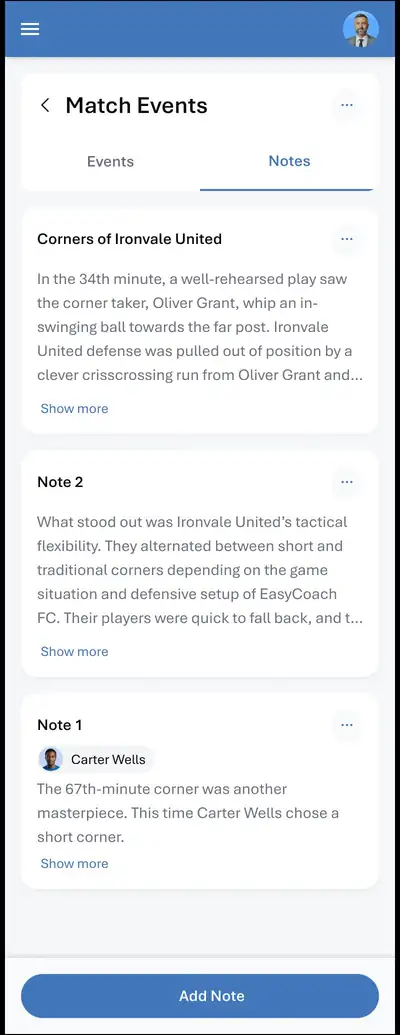 Notas del partido sobre jugadores en la app móvil del staff